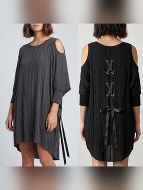 Made in Italy Black Crinkle Cotton Cold Shoulder Lace Up Back Tunic Top OS
